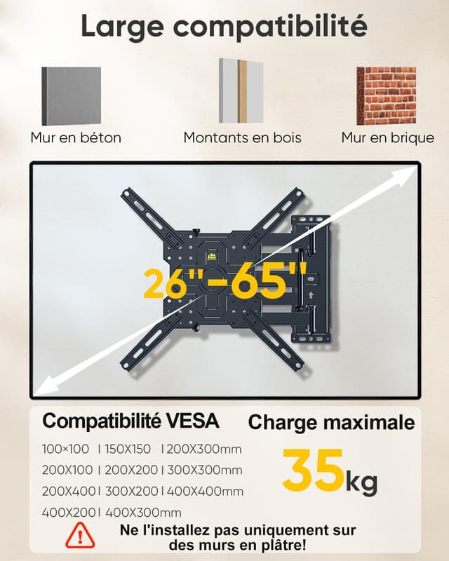 Detalle 2 de FORGING MOUNT Support mural TV longue portée pour angles (26 à 65 pouces) – Rotation portrait/paysage, VESA jusqu’à 400x400 et jusqu’à 35 kg
