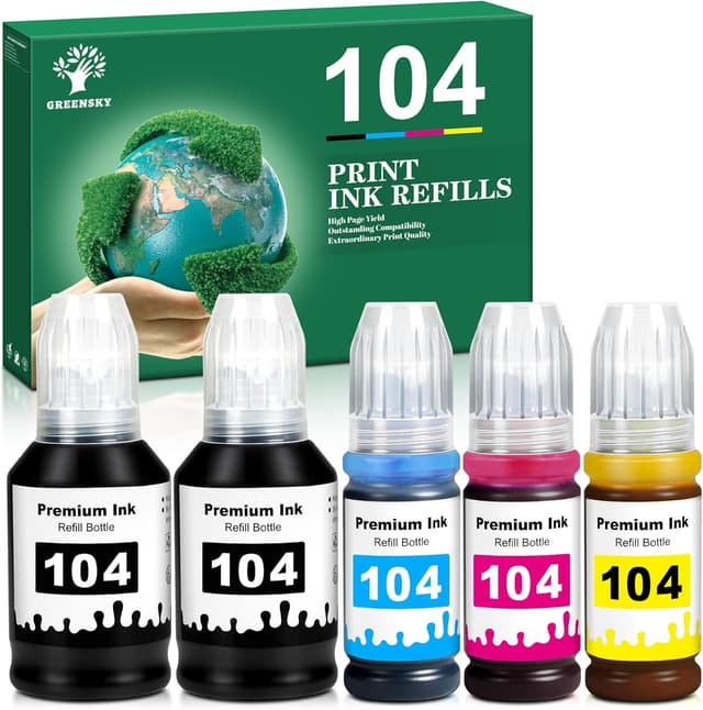 Detalle de GREENSKY 104 Farbstofftinte Multipack kompatibel mit Epson 104 für EcoTank ET-2870/ET-4800 (5P)