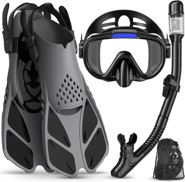 Detalle de Ubekezele 4-in-1 Snorkeling Gear Set for Adults (Panoramic Mask, Dry-Top Snorkel, Adjustable Fins & Travel Bag)