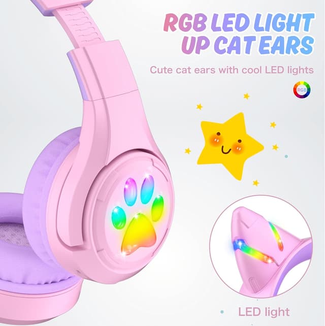 Detalle de Riwbox CF9 Cat Ear Kids Bluetooth Headphones with LED, 85dB Safe Volume Limit, Built-in Mic (Purple)