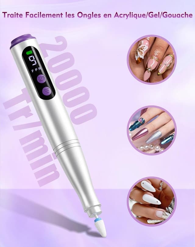 Detalle 2 de Fofile ponceuse électrique pour ongles sans fil 12 en 1, 20000 tr/min et écran LED