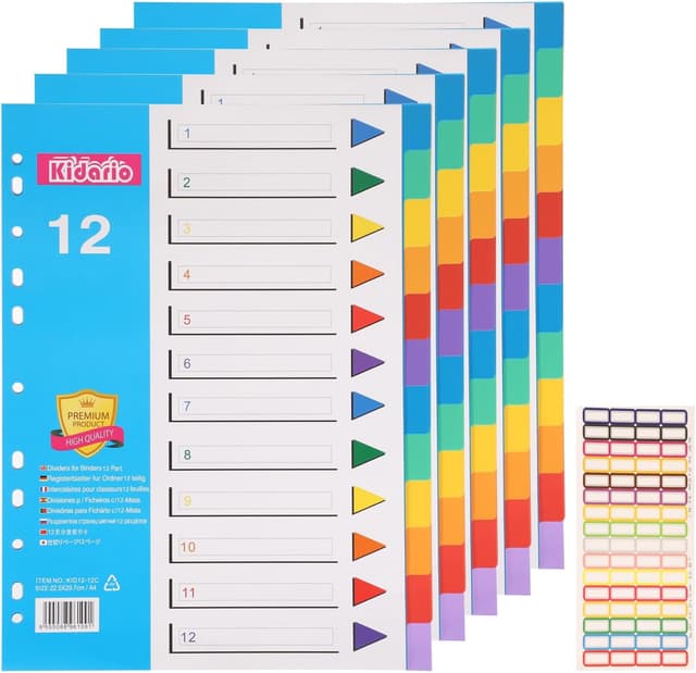 Detalle de A4 File Dividers 6 Pack (12-Part) Coloured Plastic Index Dividers with Sticky Notes for Ring Binders and Lever Arch Files