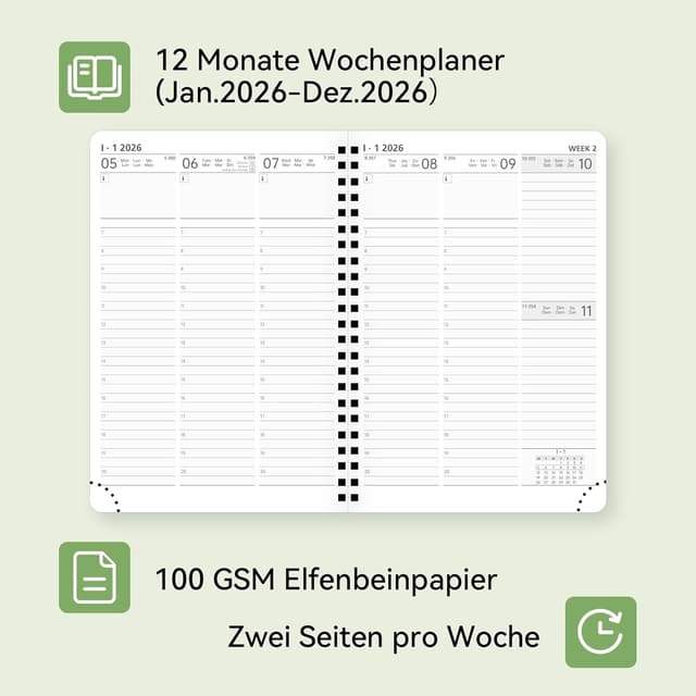 Detalle de FEKSINO Kalender 2026 Ringbuch-Planer A5 (ca. 21,3 x 14,6 cm) mit Wochen- und Monatsübersicht, Rosa