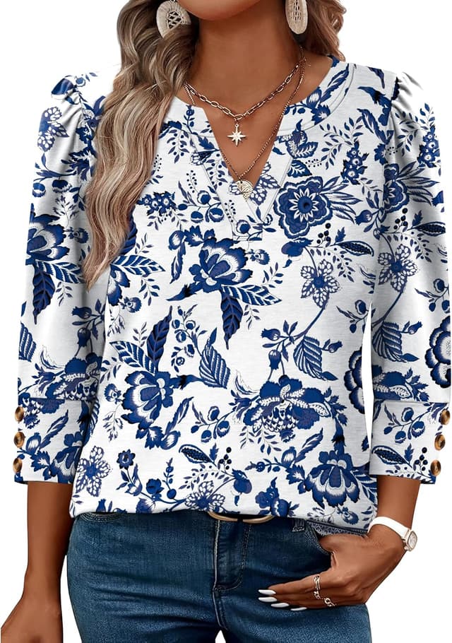 Detalle 2 de WIHOLL 3/4 Sleeve V-Neck Blouse with Triple-Button Cuffs for Dressy Casual & Work