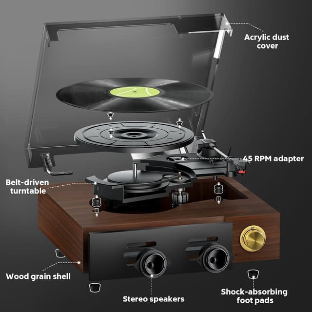 Detalle 2 de FYDEE Record Player with Built-in Speakers, Bluetooth and RCA Output (Red Walnut)