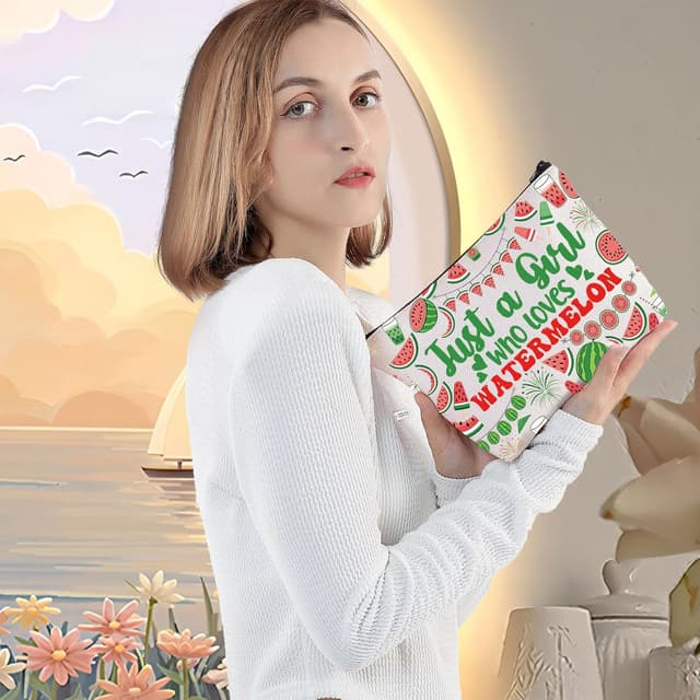 Detalle de LEVLO Funny Watermelon Cosmetic Bag – cotton canvas zip pouch for watermelon lovers