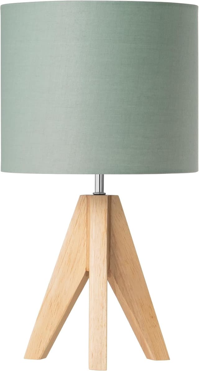 Detalle de EDISHINE 36cm Bedside Lamp with Wooden Tripod Base and Bean Green Linen Shade (E27, 2700K LED bulb included)