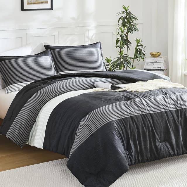 Detalle de Litanika Queen Comforter Set (Black, White, Grey) — Lightweight 3-Piece Down Alternative Bedding