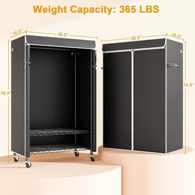 Detalle 1 de ULIFHOME P6C Rolling Clothes Rack with Cover (Max Load 365 lbs) — Black
