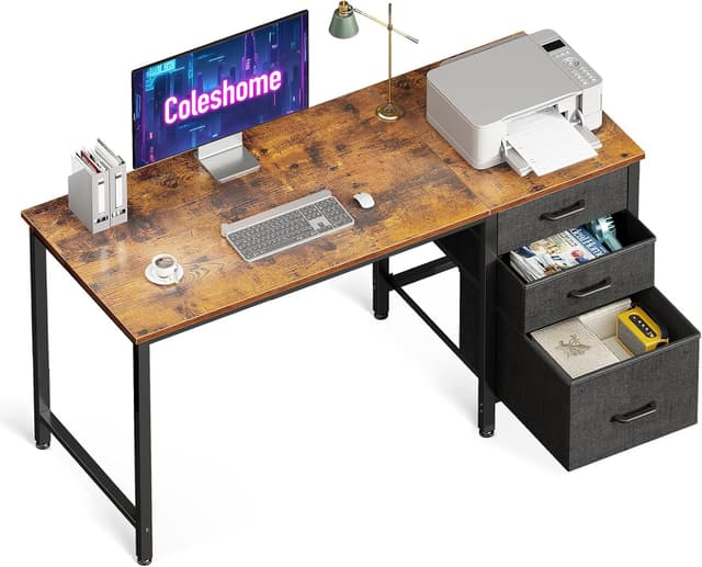 Detalle de Coleshome Schreibtisch mit 3 Stoffschubladen, 120 x 48 cm (braun) – umkehrbar mit Kopfhörerhalter