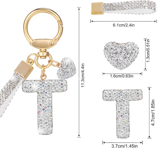 Detalle de MWOOT Glitzer-Schlüsselanhänger mit Buchstabe (Strass) – silberner Keychain mit Namens-Initial für Auto & Tasche