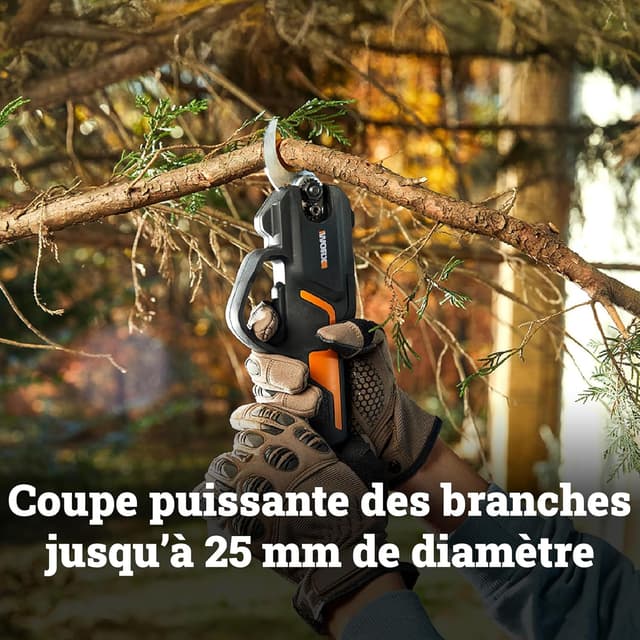 Detalle de WORX Sécateur sans fil 20V WG330E brushless — coupe jusqu’à 25 mm, batterie 2Ah incluse