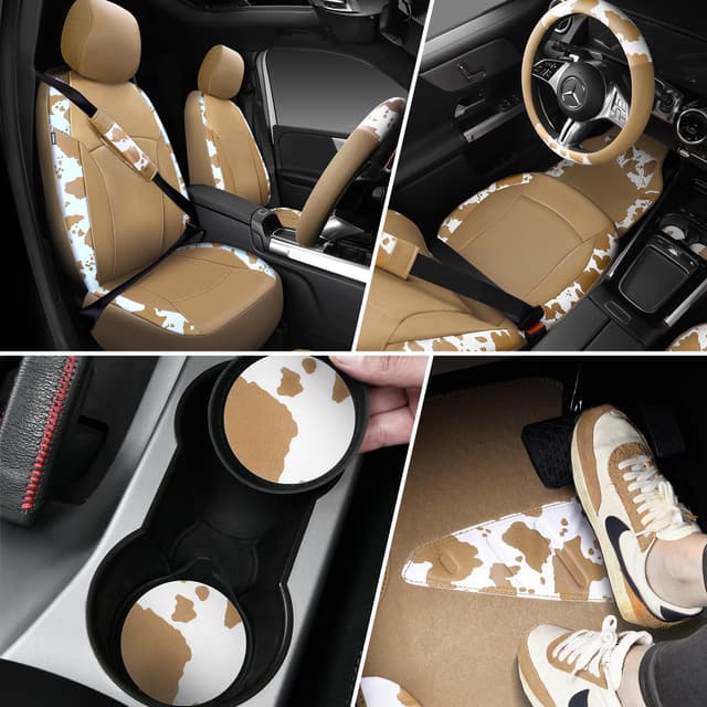 Detalle 2 de CAR PASS Cow Print Faux Leather Car Seat Covers & Car Mats Set (Beige)