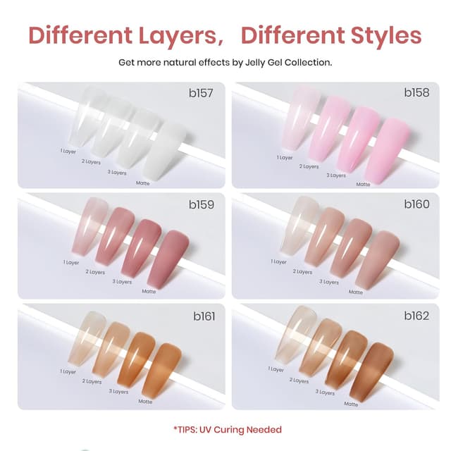 Detalle 2 de Beetles UV Jelly Gel-Nagellack-Set 6 Farben (7,5 ml) – transparente Gelee-Nudes für LED/UV Nageldesign