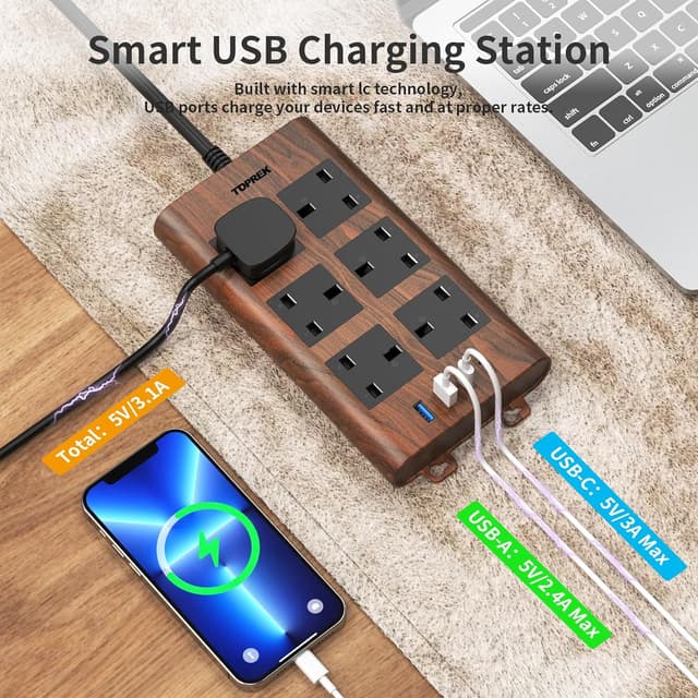 Detalle de TOPREK Wood Grain 6-Way Extension Lead with 2USB-C, 2USB-A & Surge Protection (2m, Brown)