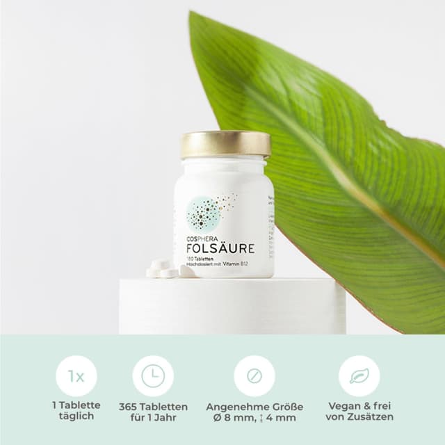 Detalle 2 de Folsäure-Tabletten (800 μg Folat + 25 μg Vitamin B12) mit 5-MTHF – 180 vegane Tabletten im 6-Monatsvorrat