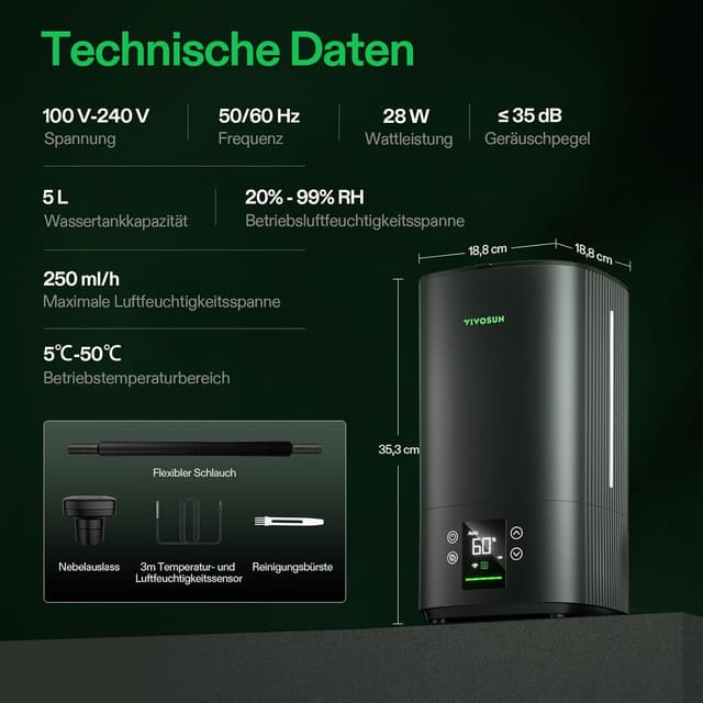 Thumbnail 6 de VIVOSUN Pflanzen-Luftbefeuchter 5L Smart Humidifier AeroStream H05 (Ultraschall, 24 dB, Top-Fill) für Growzelte