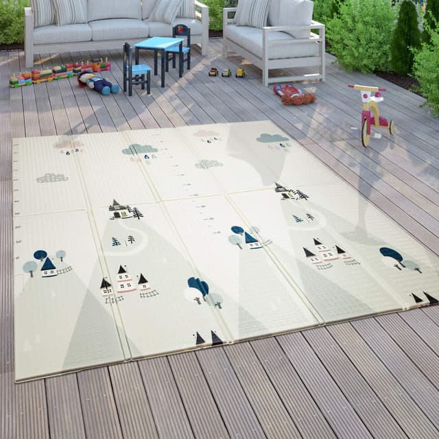 Detalle de Paco Home faltbare Spielmatte/Krabbelmatte für Babys und Kinder, 180 x 200 cm, weiß mit Tiermotiven