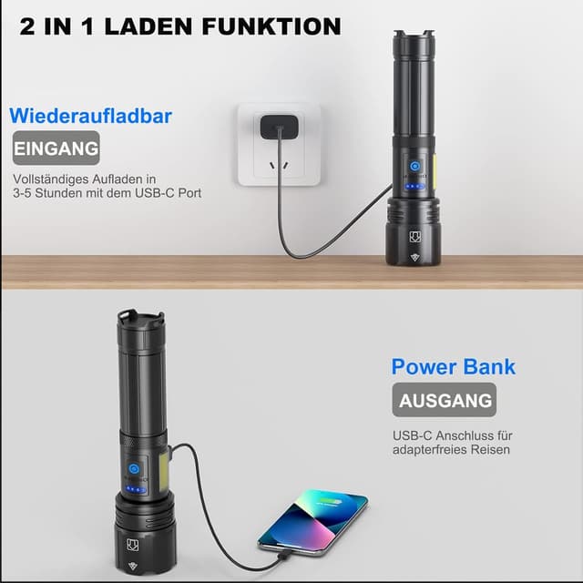Detalle de ZEUSFIRE Taschenlampe LED aufladbar mit USB, 7 Lichtmodi & IPX7 – für Camping, Wandern und Outdoor