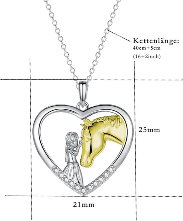 Detalle de USEEDOVIA Pferde-Mädchen Herz Halskette aus 925 Sterling Silber vergoldet in Weißgold-Optik (mit Geschenkbox)