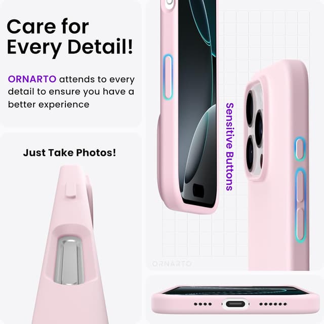Detalle de ORNARTO iPhone 16 Pro Max Case 6.9" in Chalk Pink – slim liquid silicone, soft gel protection