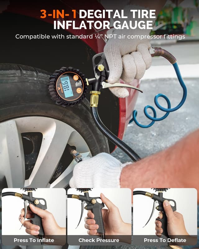 Detalle de ETENWOLF T500 Digital Tire Pressure Gauge with Inflator (0–250 PSI) — ANSI B40.7 Grade 2A