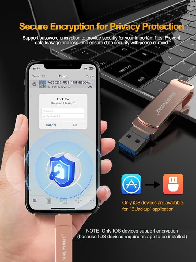 Detalle 2 de USB-Stick 256 GB für Phone „Photostick 3.0“ – 4-in-1 Speicherstick für iOS, Android, Pad & PC, Hellrosa
