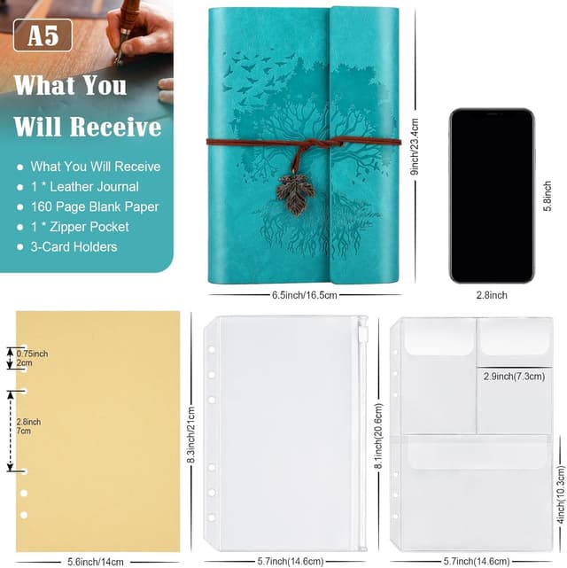 Detalle de OMEYA PU-Leder-Tagebuch A5 (23,3 × 16 cm), nachfüllbar, Vintage-Reise-Notizbuch in Blau