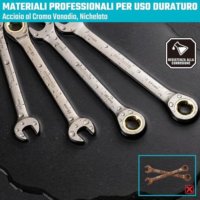 Detalle 2 de DURATECH set di chiavi combinate a cricchetto antiscivolo 10 pezzi 6-18 mm (72 denti) in CR-V con custodia