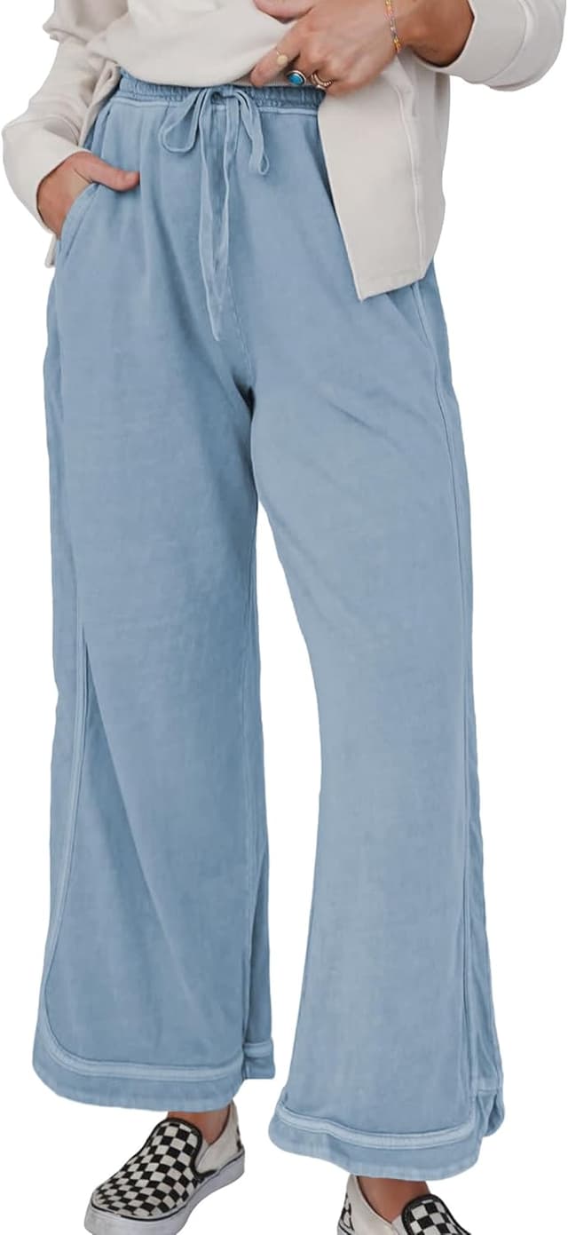 Detalle 2 de Hixiaohe Women's Casual Wide Leg Sweatpants (High-Waist, Drawstring, Acid Wash) with Pockets