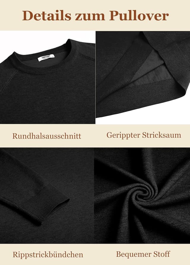 Detalle de COOFANDY pull homme en maille fine col rond à manches longues (tricot doux, raglan)