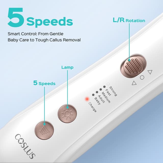 Detalle de COSLUS C43 Professional Manicure & Pedicure Kit (5-in-1) Cordless Electric Nail File for Thick Nails, 5 Speed, White