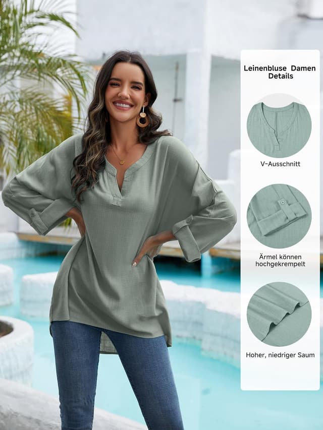 Detalle de Leinenbluse Damen Musselin Tunika-Longbluse mit V-Ausschnitt (60% Leinen + 40% Rayon), Oversize für Sommer & große Größen
