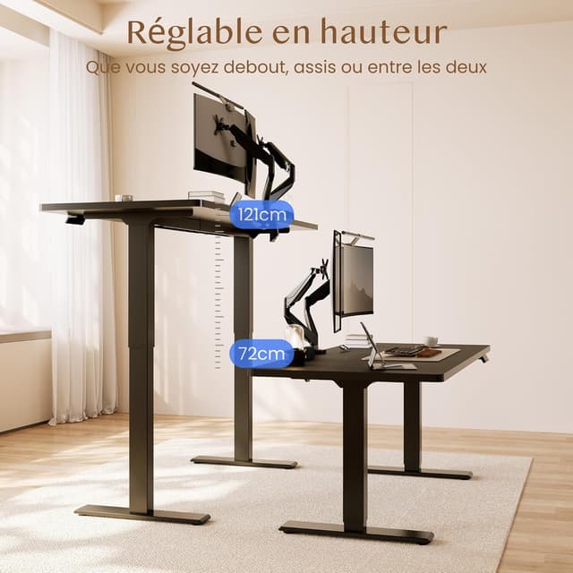 Detalle 2 de FLEXISPOT Bureau assis-debout 140 x 70 cm à 2 moteurs, 100 kg, avec fonction mémoire (noir)