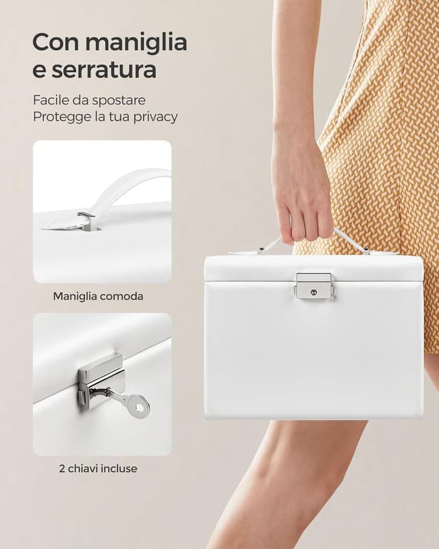 Detalle 2 de SONGMICS Scatola portagioie con specchio e chiusura, 4 livelli, 3 cassetti e maniglie JBC159W01, bianco classico