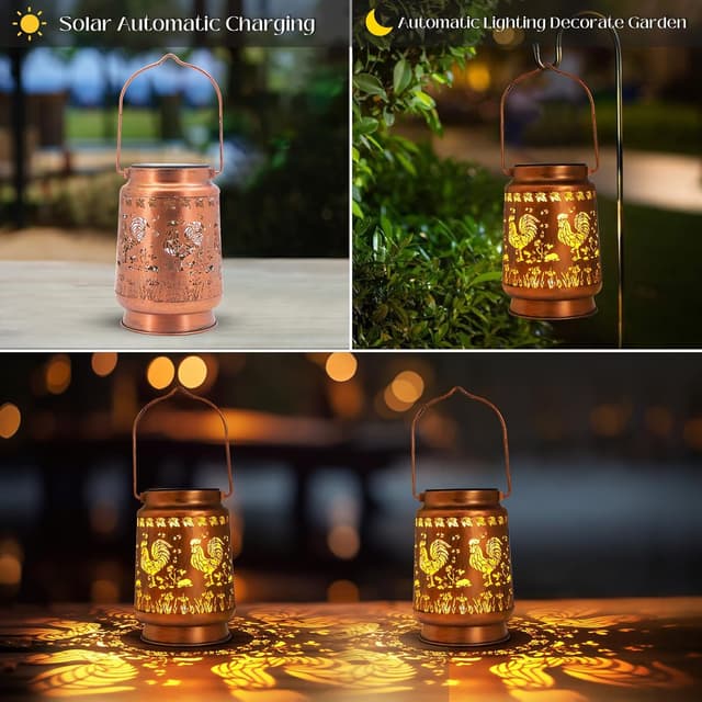 Detalle de Solar Rooster Lanterns Outdoor Garden Decor – Waterproof Hanging Metal LED Solar Light for Patio, Yard & Gifts