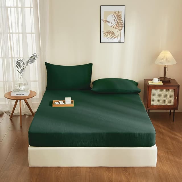 Detalle de YASMENG Drap-housse 180x200 en gaze de coton certifié Oeko-Tex, vert foncé, bonnet 30 cm