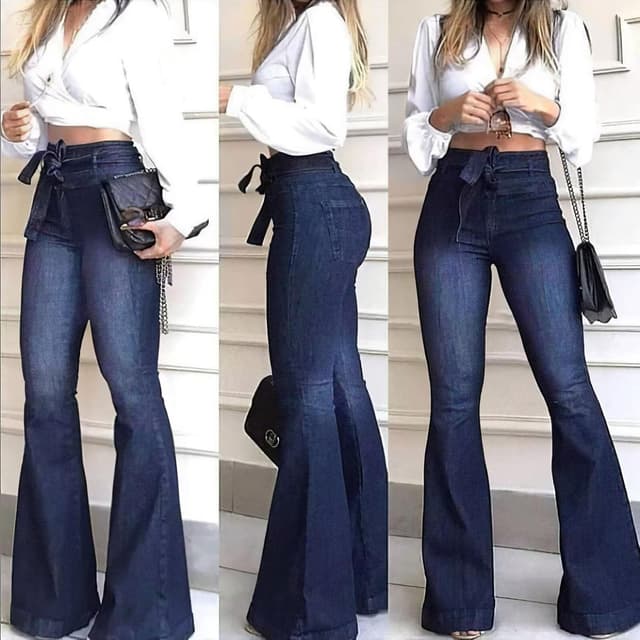 Detalle de KDF High-Waisted Flare Jeans for Women with Removable Belt (Stretch Wide-Leg Bell Bottoms)