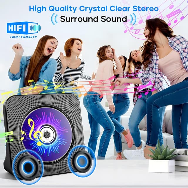 Detalle de ROADOM Desktop CD Player with Speakers (Bluetooth, FM Radio, USB, AUX) + Remote