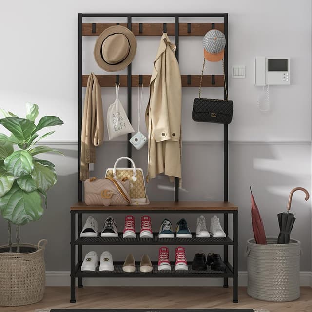 Detalle 2 de Dripex Appendiabiti da terra con panca e scarpiera 3 in 1, 12 ganci rimovibili, 100x40x182 cm