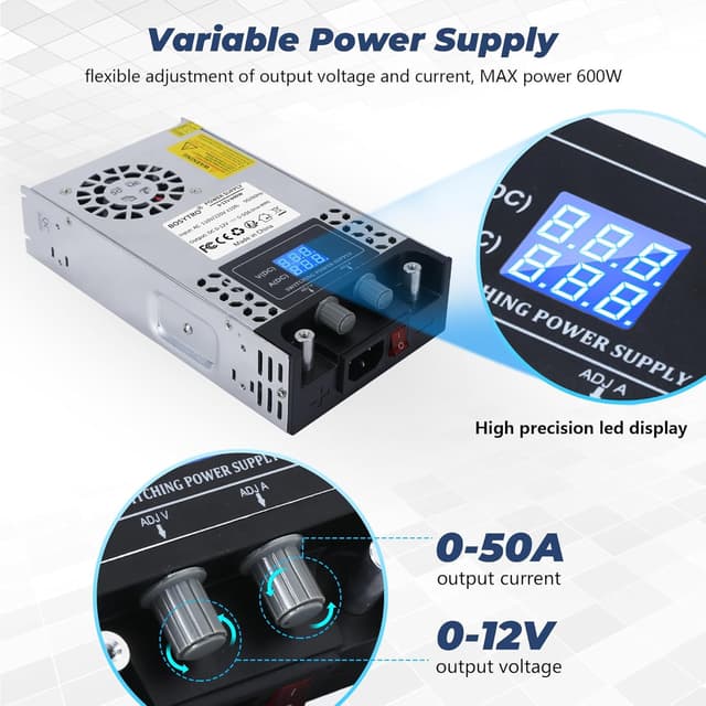 Detalle de BOSYTRO Alimentation réglable 0-12V jusqu’à 50A (600W) pour bande LED, CCTV et projets 12V