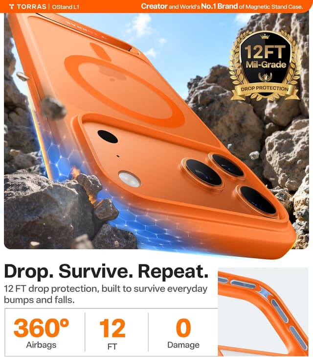 Thumbnail 1 de TORRAS OStand L1 for iPhone 17 Pro case with MagSafe, durable titanium stand and camera button shield (Ember Orange)