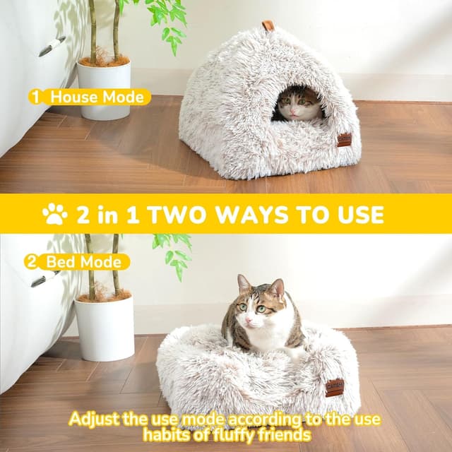 Detalle de Igloo Cat and Dog Bed (Large Indoor Tent) – 2-in-1 Anti-slip Trundle with Carry Handle and Washable Cushion, Light Brown