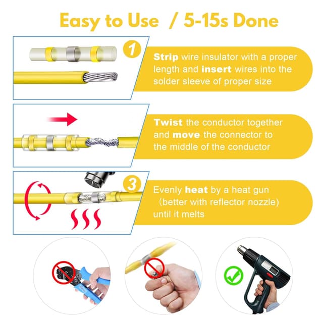 Detalle de Kuject Lötverbinder mit Schrumpfschlauch, 50 Stück (wasserdicht), für 4,0–6,0 mm² / AWG 12–10 (Gelb)