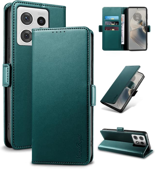 Detalle de Yunubeyii Handyhülle für Motorola Moto Edge 50 Pro – RFID-Blocker Klapphülle mit Kartenfächern, Magnetverschluss & Ständer (Grün)