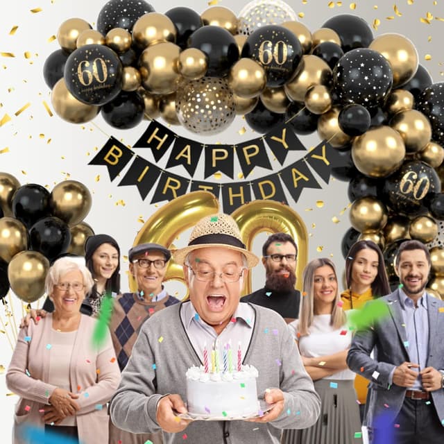 Thumbnail 6 de Schwarz-Gold 60 Geburtstag Deko mit Happy Birthday Banner & Luftballons – Set für Mann & Frau