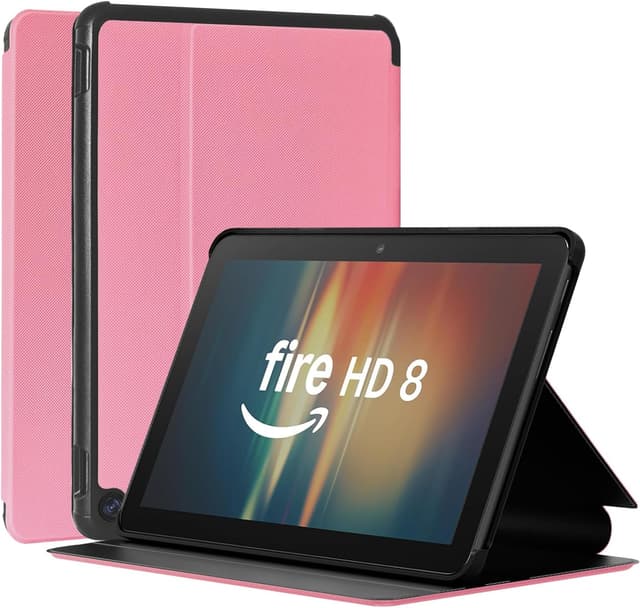 Detalle de 8-Zoll Tablet-Hülle mit Wake/Sleep & 360°-Rundumschutz (faltbare Vorderseite, Lederoptik + weiche TPU-Rückseite) – Pink