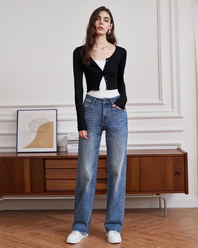 Detalle de UPNET Women’s High-Waisted Stretch Straight-Leg Jeans with Tummy Control & Raw Hem