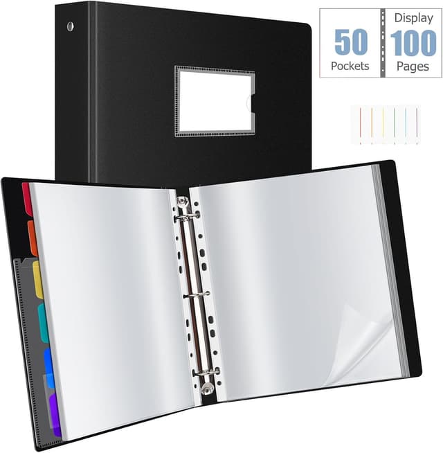 Detalle de Uquelic A4 presentation ring binder with 50 punched pockets and 6 PP divider pages (black)