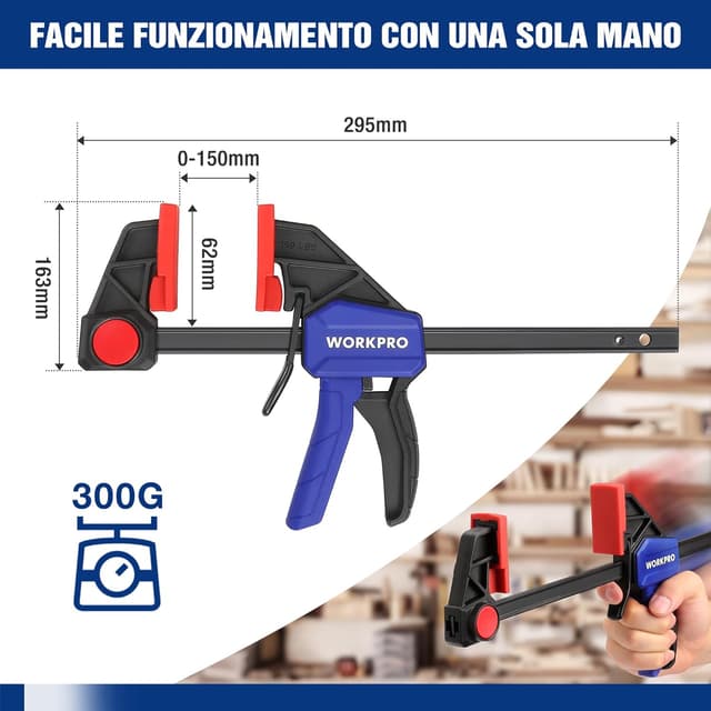 Detalle de WORKPRO set di 2 morsetti da falegname a sgancio rapido, barra fino a 150 mm e portata fino a 68 kg